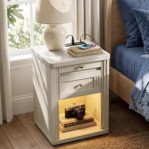 STO'SENSE Nightstand, Narrow Night Stands with Charging Station & Led Light, Wood Nightstand Bedside Table with Drawers & Pull-Out Tray, End Table for Bedroom, White Oak