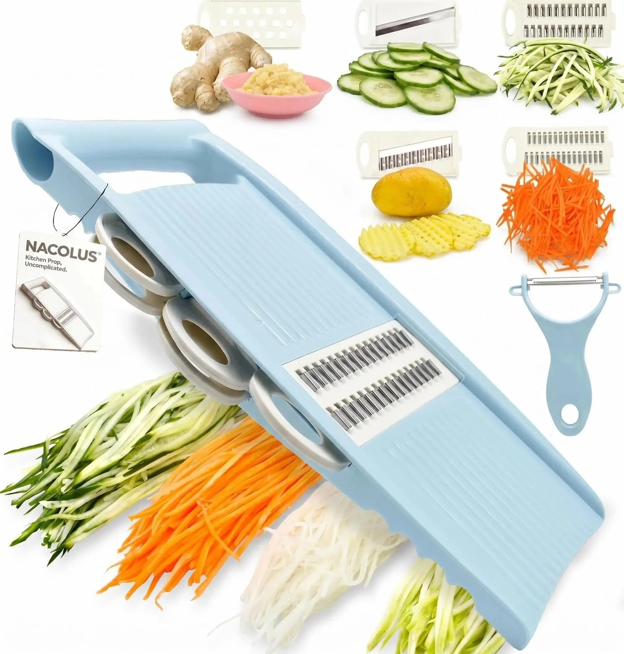 Handheld Mandoline Slicer with 5 Interchangeable Blades, Vegetable Slicer, Julienne Shredder, Ginger Grater and Handheld Peeler, Multi Function Potato Chip Cutter for Kitchen Meal Prep, Blue