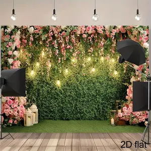 1pc Elegant Floral Shimmer Wall Backdrop - Lush Green Grass Pink White Roses Self Lit Fairy Lights No Electricity for Wedding Photo Booth Party Decor