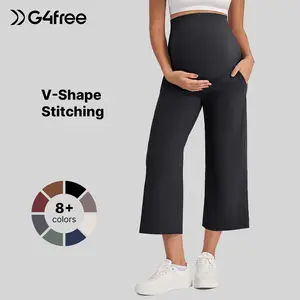 G4Free Wide Leg Maternity Yoga Capris Over The Belly Stretch Pregnancy Cropped Pants with Pockets