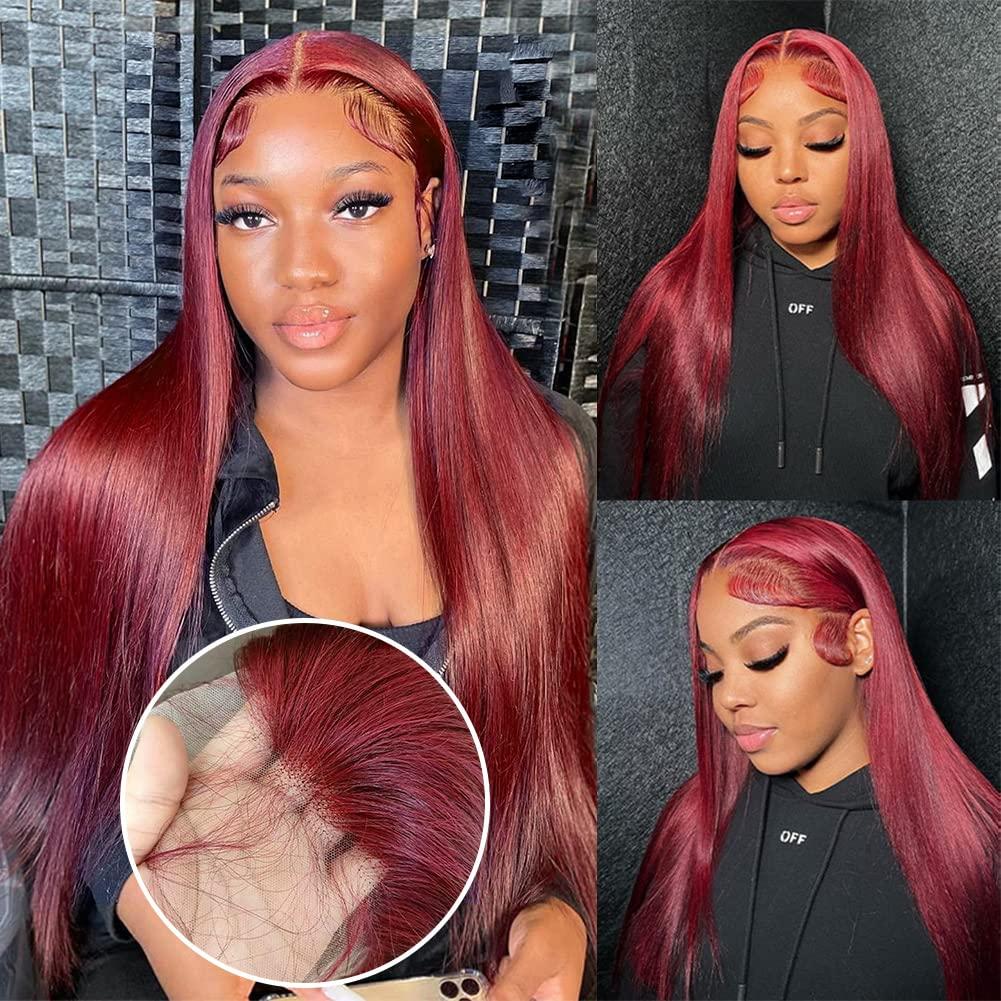 Burgundy Wig Human Hair Bone Straight 13x6 13x4 HD Transparent Lace Wig 99J Red Human Hair Wig Colored Reddish Brown Lace Frontal Wigs 180% Density Pre Plucked