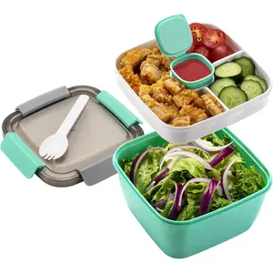 (Green, 52 oz)Stackable Salad Container | 3 Compartment Bento | Leak-Proof Sauce Cup, Airtight Lid & Fork