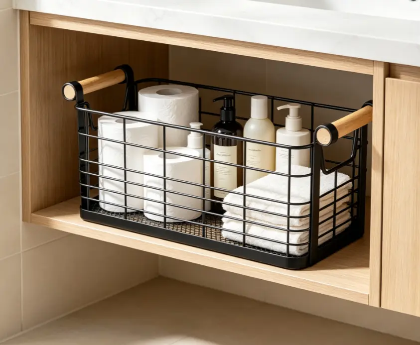 Wire Storage Basket with Wood Handles, Metal Organizer Basket for Kitchen, Bathroom, Pantry & Home Organization