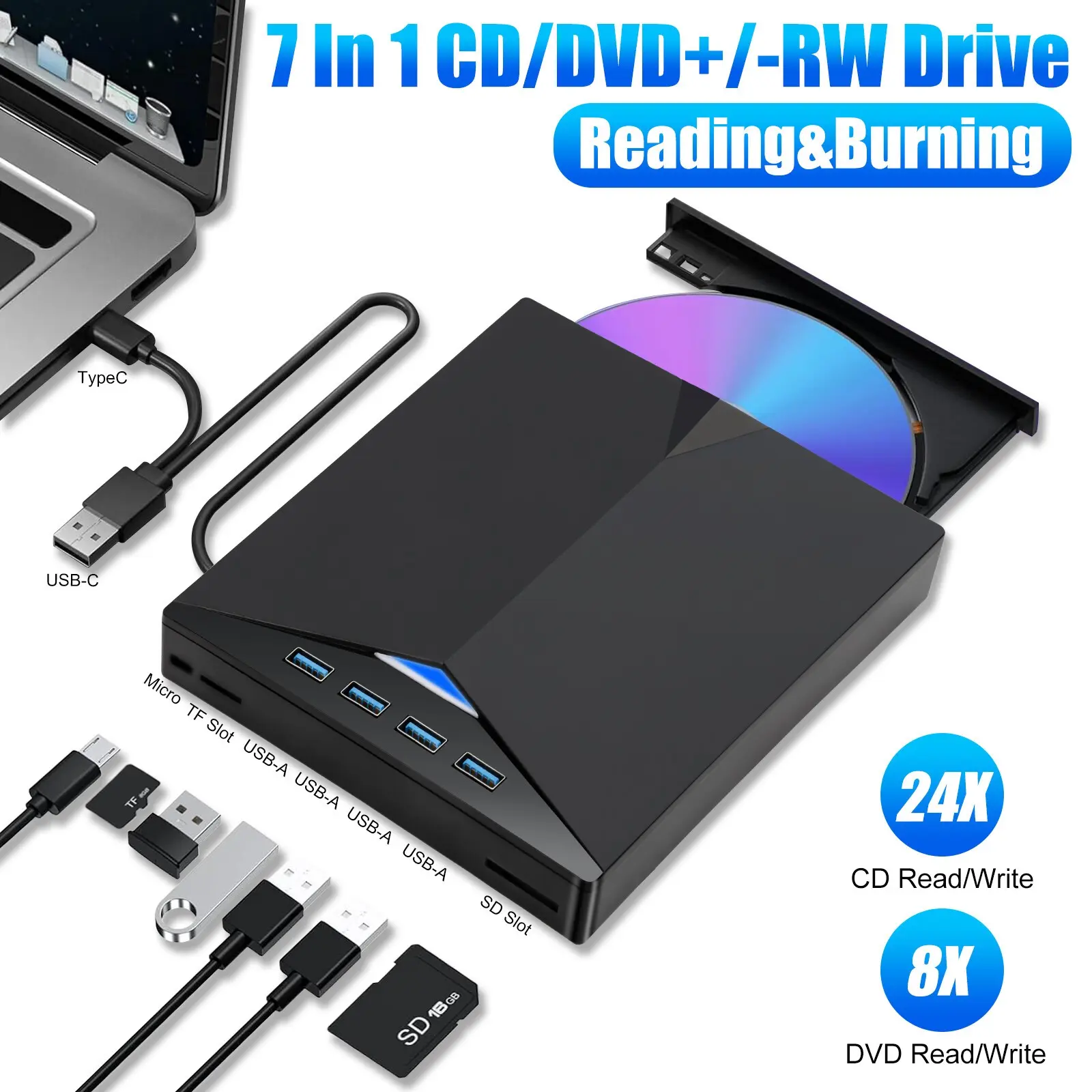 External CD/DVD Drive for Laptop, USB 3.0 DVD Player with 4 USB Ports & 2 TF/SD Card Slots, Portable CD/DVD +/-RW Drive Burner Reader Writer for Desktop PC Windows 11/10/8/7 Linux Mac OS