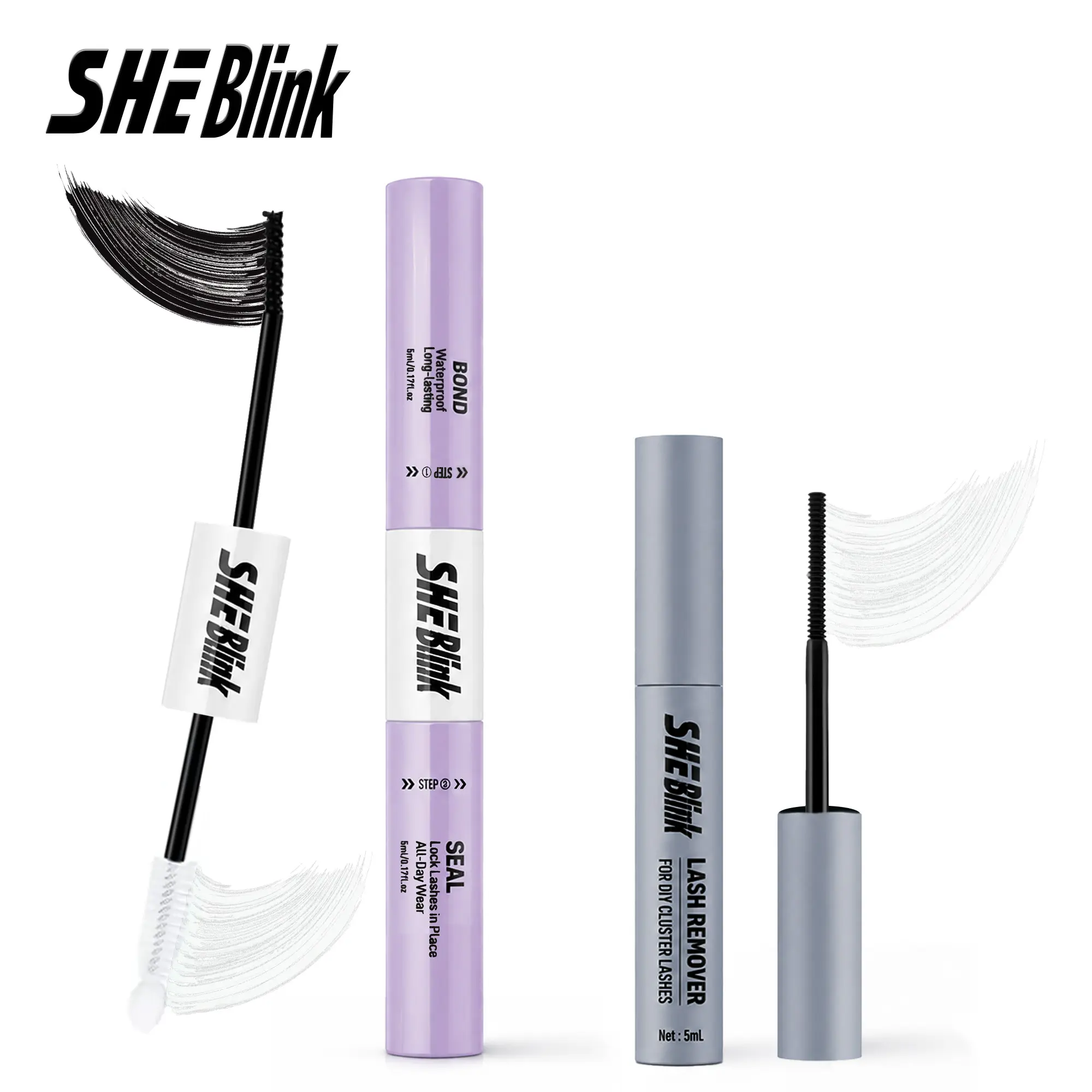 GlueB-2 SHE Blink 2IN1 Lash Bond And Seal Pen With Lash Remover Set 360° Spiral Brush Head Waterproof Long Lasting Cluster Eyelash Glue Gentle Fast Clean Lash Remover For DIY Lash Extensions