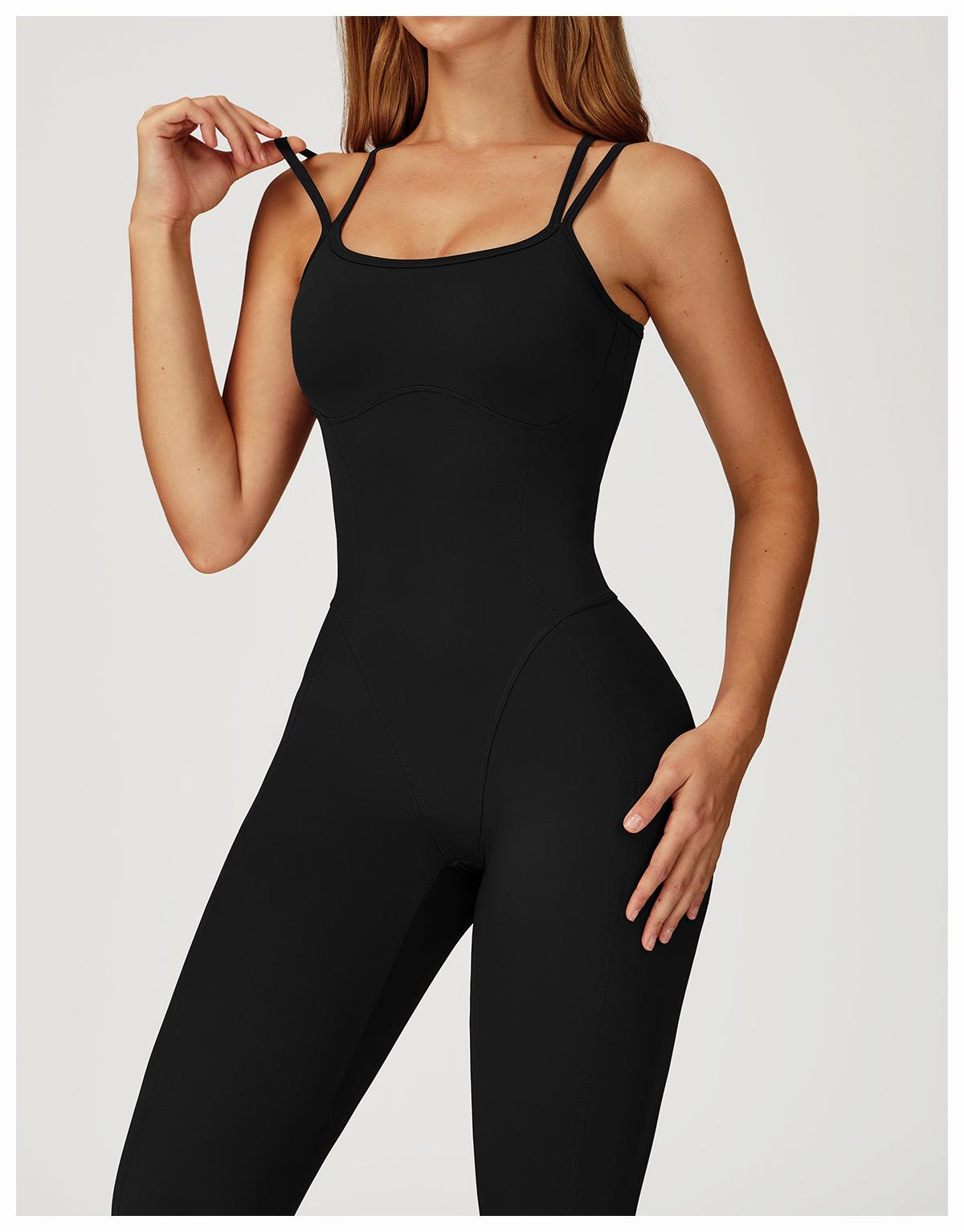 Nude-feel one-piece bodysuit with cross-back design, slim-fit yoga wear for outdoor running and fitness activities