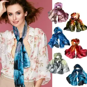 6Pcs Women Floral Print Chiffon Scarves, Lightweight Thin Long Summer Shawl, Elegant Soft Breathable Headscarf, Fashion Casual Dress Matching Scarf Ideal Holiday Daily Gift