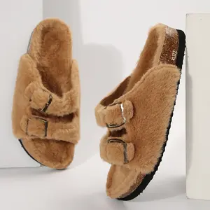Cozy Women's Plush Sandals Double Buckle Fuzzy Slides, Warm Cork Sole Slippers Indoor Outdoor Shoes for Cold Days