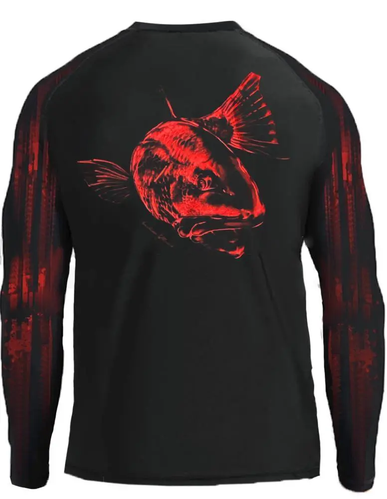 Redfish on Black Performance Mens Fishing Shirt for Sun Protection UPF 50+