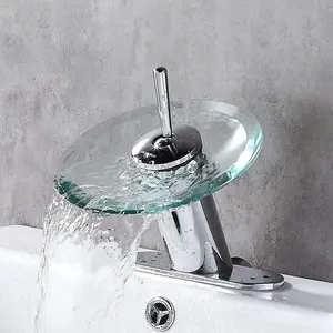 Round Glass and Brass Waterfall Faucet for Bathroom RODDEX, Modern