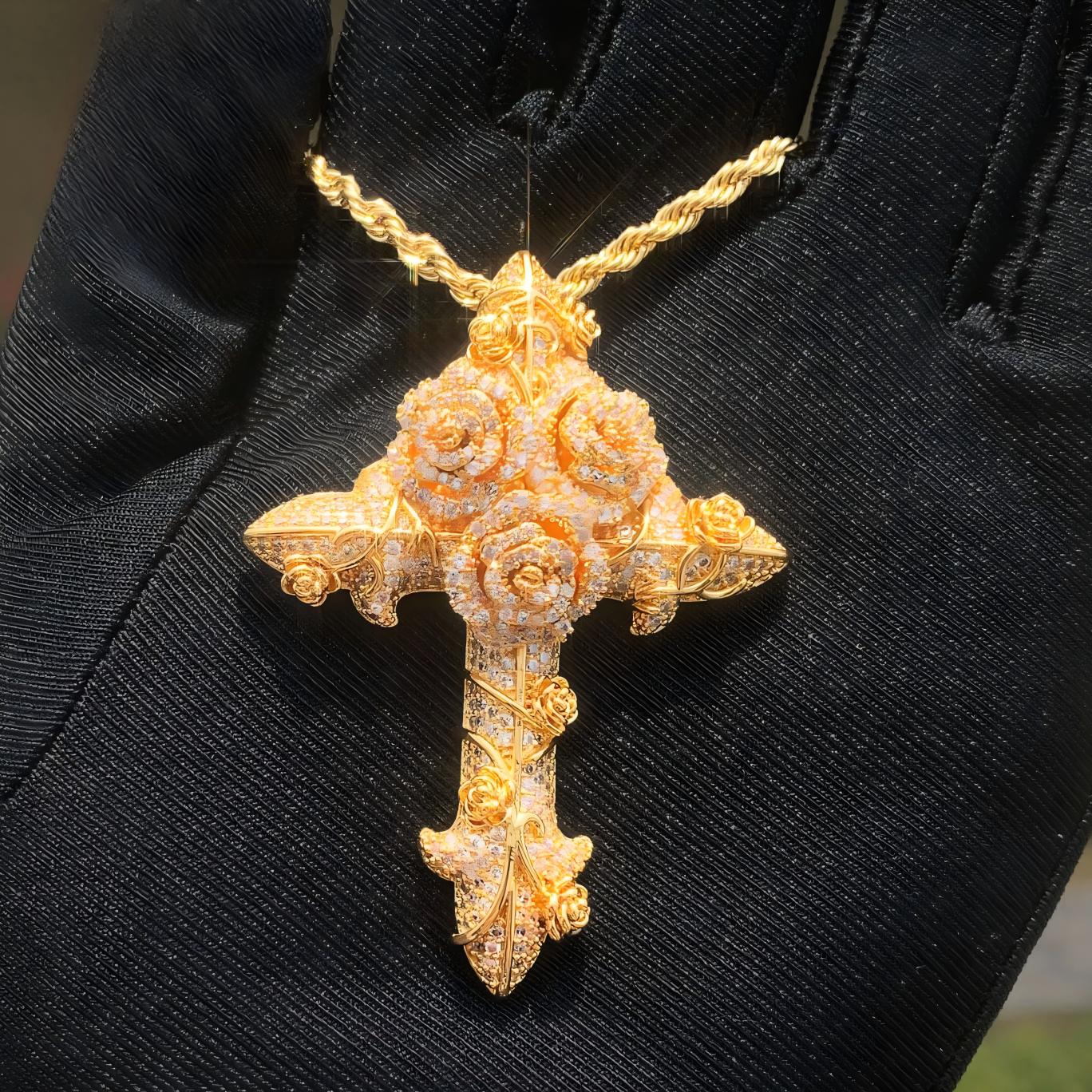 QUEENDO Iced-Out Rose Cross Pendant Necklace - Fully-Paved Sparkling Stone Floral Charm, Retro Gothic 3D Design, 2-Tone Gold & Rose Gold Finish, Streetwear Statement Accessory, Adjustable Link Bracelet, Party Daily Jewelry Gift