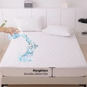 King Size Solid Color Waterproof Mattress Protector Non-Slip Mattress Cover Embroider Pillowcase Breathable Dust-proof Elastic Fitted Sheet Set Noiseless Washable Fitted Spring Bed Sheet  Deep Pocket Mattress Pad for LivingRoom