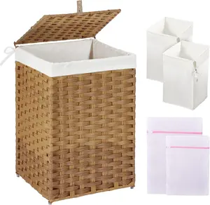 Laundry Hamper with Lid, 60L Clothes Hamper with 2 Removable Liner Bags & 2 Mesh Laundry Bags, Handwoven Synthetic Rattan Laundry Basket for Clothes Toys in Bathroom Bedroom, Natural