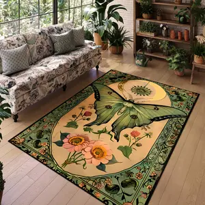 Vintage Moon Moth Boho Floral Rug for Living Room & Bedroom, Soft Washable Carpet, Pet Friendly Non-Slip Mat, Indoor Use