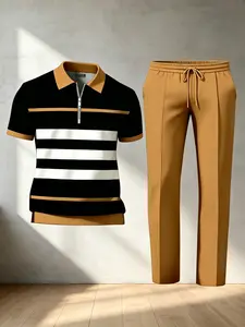 Men’s two-piece set: 3D digital print half-zip striped polo shirt and long pants; everyday versatile color-block short-sleeve collared pants set; summer casual men’s outfit for daily commuting.