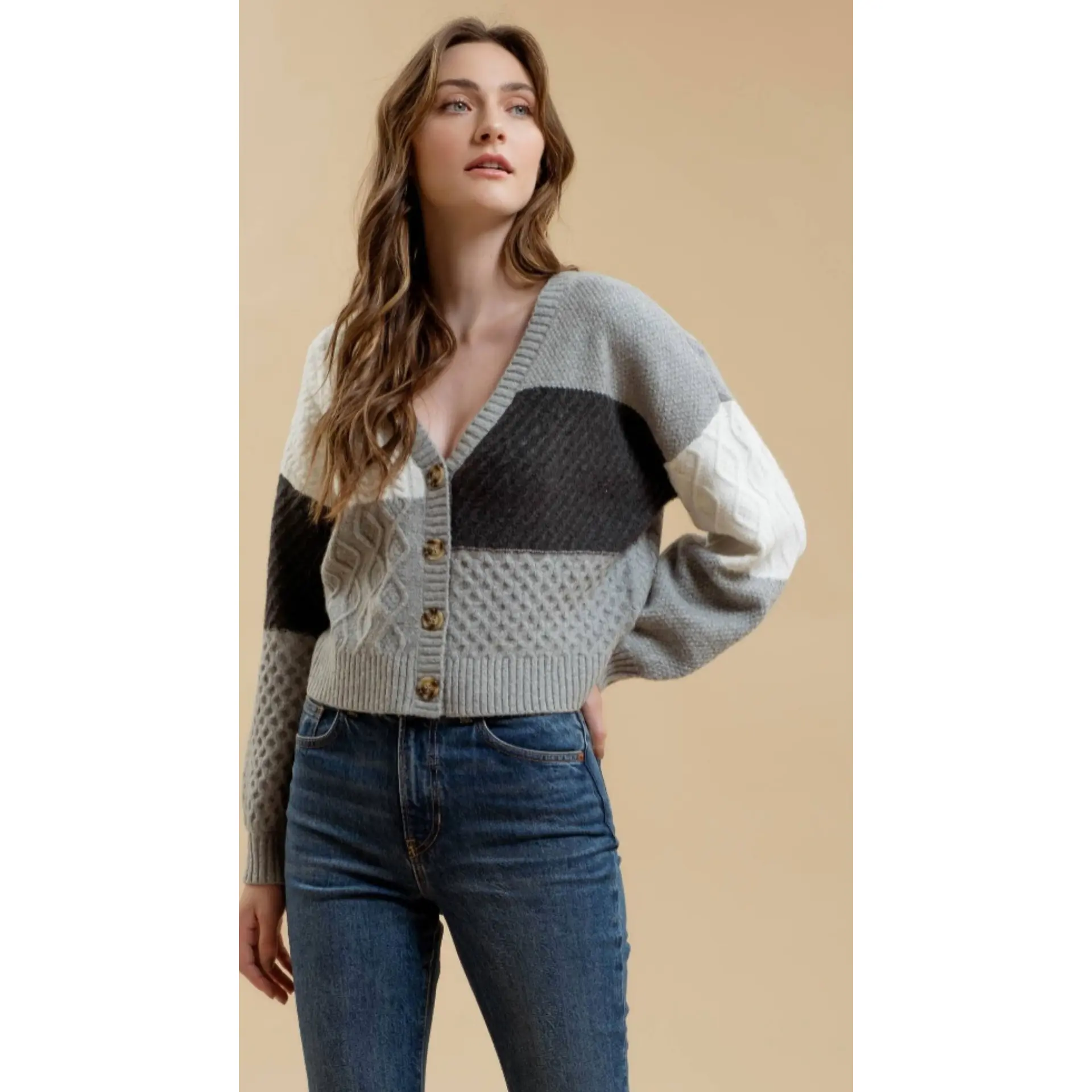 PATCHWORK CABLE KNIT CARDIGAN