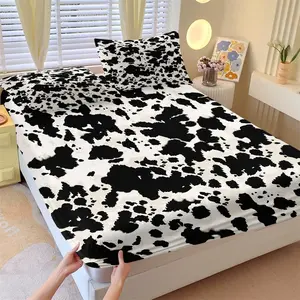 3Pcs Black and White Cow Print Fitted Sheet Set with 2 Pillowcases, Western Cowhide Deep Pocket Elastic Mattress Cover, Farm Animal Themed Bedding, Soft Microfiber Non-slip Bedspread for Bedroom & Dorm Decor