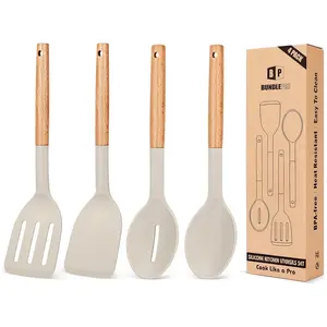 4-Pack Silicone Cooking Utensil Set – Nonstick Solid Spatulas & Heat-Resistant Slotted Spoons with Wooden Handles, Ideal for Frying, Serving, Turning, and Stirring (Khaki)