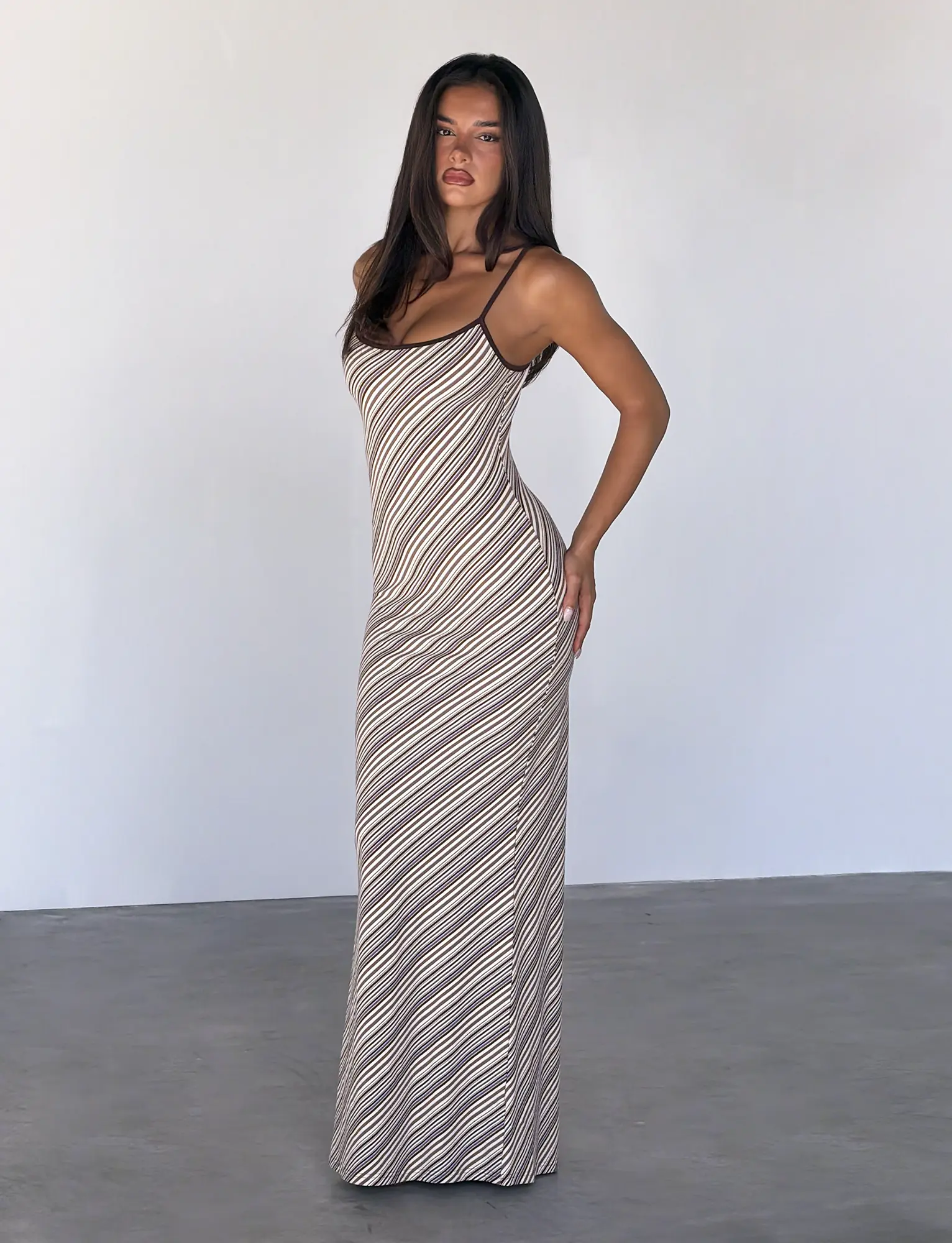 SLOANE MAXI DRESS - TAN AND CHOC STRIPE SLOANE MAXI DRESS - TAN AND CHOC STRIPE