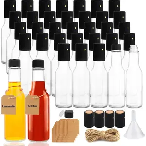 35 Pack 5oz Hot Sauce Bottles, Clear Glass Woozy Bottles with Leak Proof Black Screw Caps, Dripper Inserts and Shrink Capsules, Empty Small Wine Bottles with Labels (Bonus Funnel and Twine)