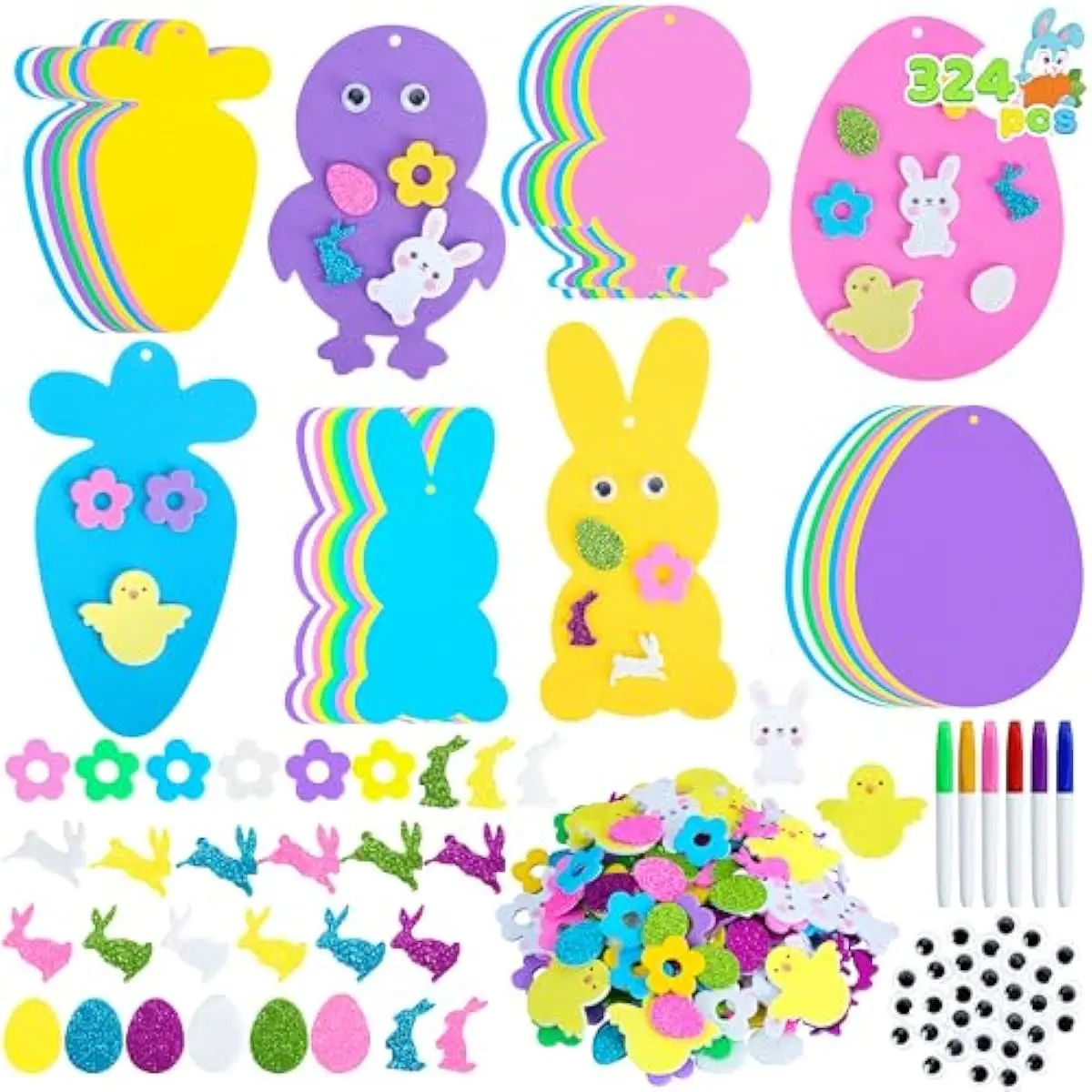 324PCS Easter Foam Stickers Set, Bunny, Chick, Egg & Carrot Shapes for Kids Crafts, DIY Easter Themed DIY Decorations, Party Favors, Craft Supplies