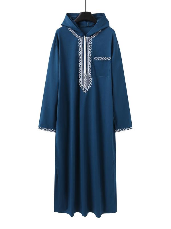 Men's Ethnic Pattern Embroidery Zipper Hooded Robe, Traditional Long Sleeve Pocket Jubba Thobe for Daily Wear, Men's Islamic Clothing for All Seasons, Traditional Arabic Robe
