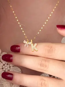 Women's Stainless Steel Letter Pendant Necklace, Casual Style Lip Chain Jewelry for All Seasons, Fashionable Zirconia Bow Design, Initial Necklace