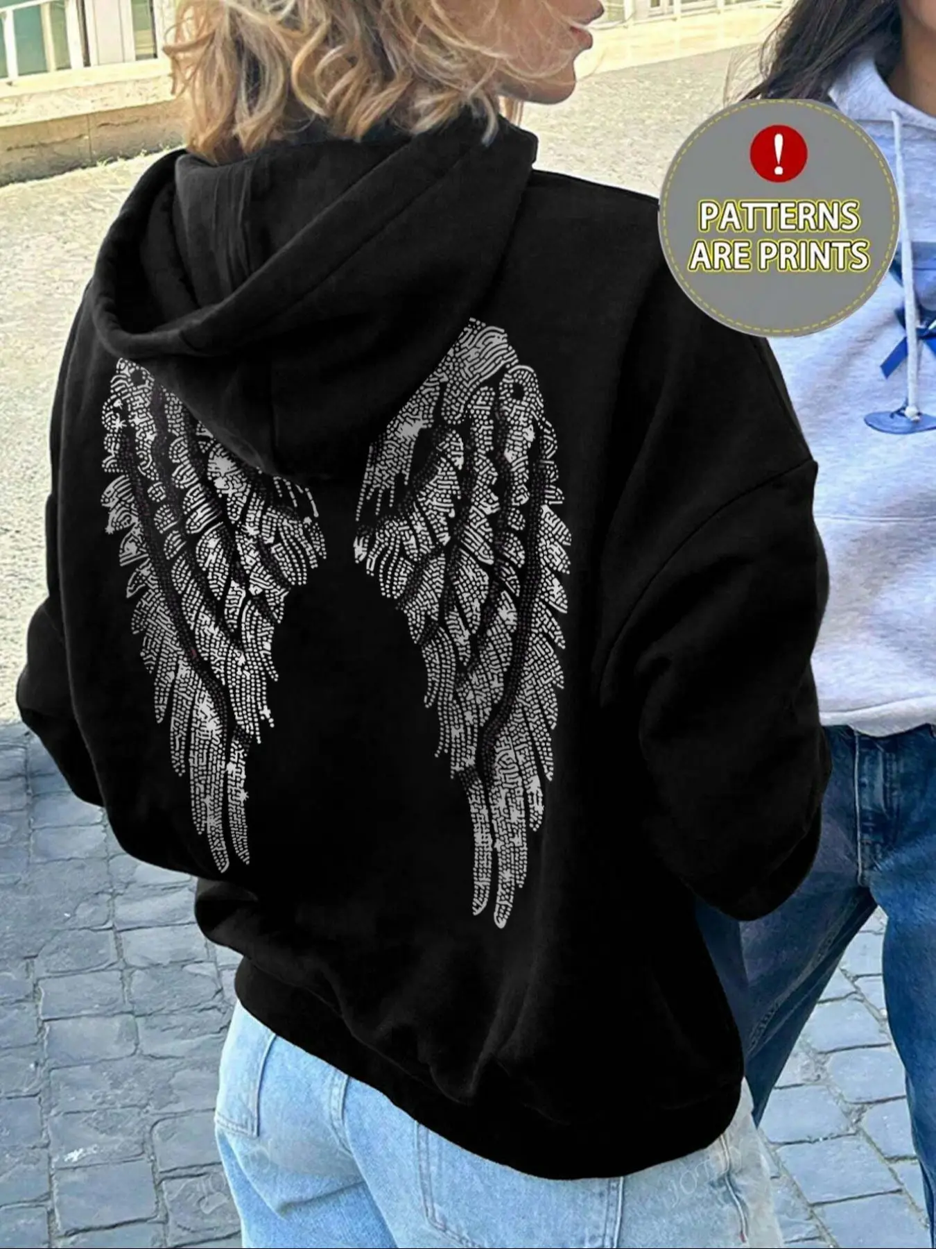 Women's Hooded Sweatshirt with Wing Print, Gothic Graphic Hoodie, Casual Loose-Fit Long Sleeve Pocket Top for Fall & Winter, Soft Kint Fabric Daily Wear Knit