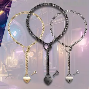 Ladies Gothpunk Rock Cuban Chain Necklace - Adjustable Y-Shaped Pendant with Heart and Key, Stainless Steel Fashion Jewelry