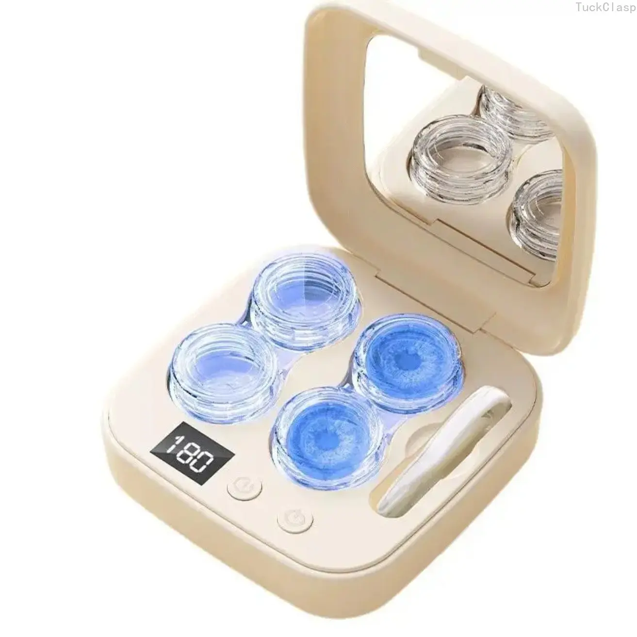 TuckClasp 2026 New Ultrasonic Rechargeable Contact Lens Cleaner Portable Case with Vanity Mirror Daily Deep Cleaning for Travel, Sports & Home Use