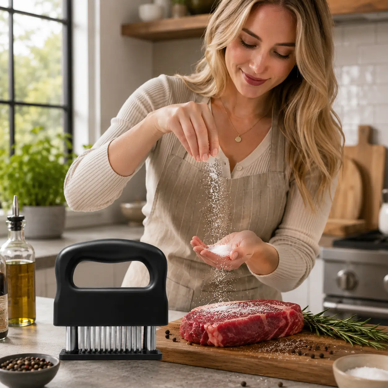 Meat Tenderizer Tool Heavy Duty 48 Blades with Safety Lock, Ultra Sharp Stainless Steel Needle Blades for Chicken Steak Beef Pork, Detachable Design Easy Clean, Large Ergonomic Handle for BBQ Home Kitchen Cooking