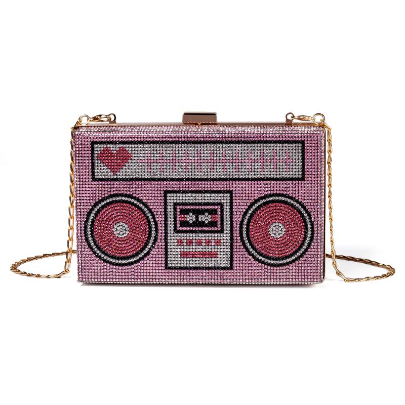 Women Retro Pink Radio Shape Crossbody Bag Rhinestone Metal Vintage Evening Clutch Purses