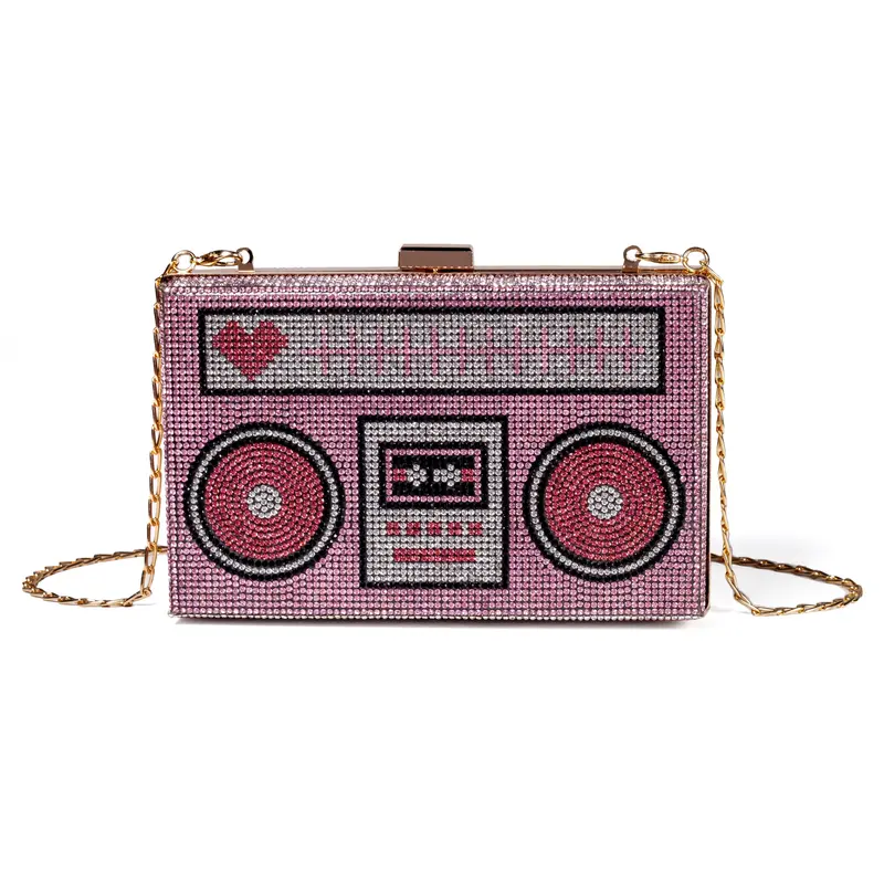 Women Retro Pink Radio Shape Crossbody Bag Rhinestone Metal Vintage Evening Clutch Purses