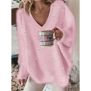 [Plus Size V-Neck Sweater] Cozy Plus Size Women's V-Neck Sweater |     Yellow Geometric Pattern, Pearl Buttons, Fleece-Lined Cuffs, Asymmetrical Hem, Casual Winter Pullover