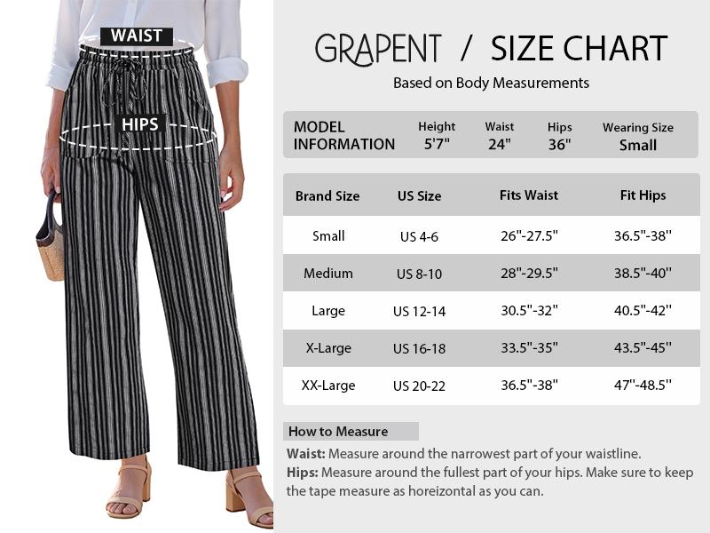 GRAPENT Women's Linen-Cotton Blend Wide Leg Striped High-Waisted Pull-On Elastic Drawcord Pants, Casual Wear for Summer Beach Vacation
