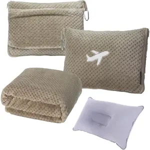 3 in 1 Travel Blanket Pillow Set - 350 GSM Thick Travel Blanket Airplane Compact with Bag, Soft Bag with Pocket, Inflatable Travel Pillow for Camping & Car Trip (Light Coffee)