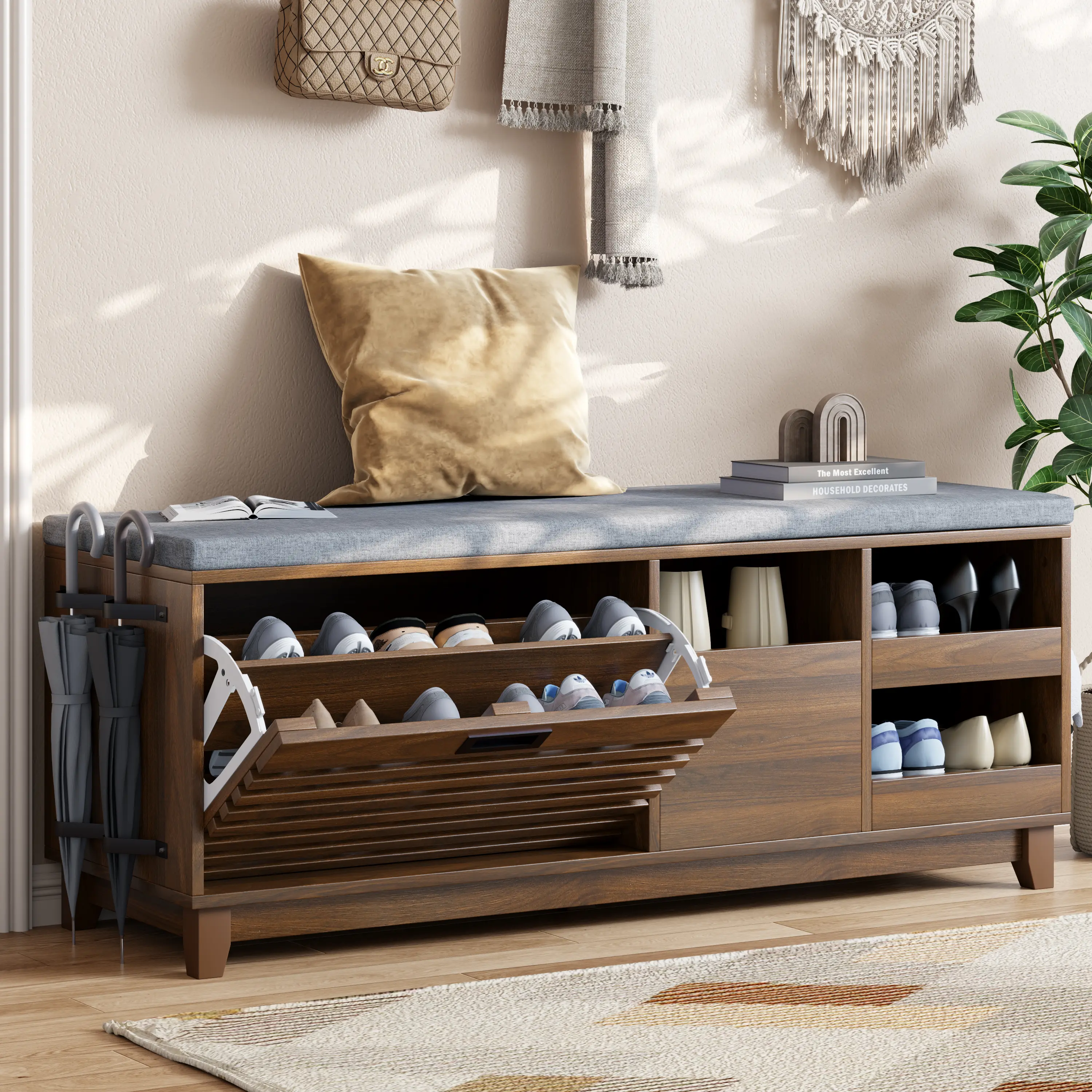 Gyfimoie 47.2" Shoe Storage Bench with Flip Drawer, 2-Tier Entryway Bench with Padded Seat Cushion & 2 Pull-out Shelves & Semi-open storage, Shoe Rack Bench