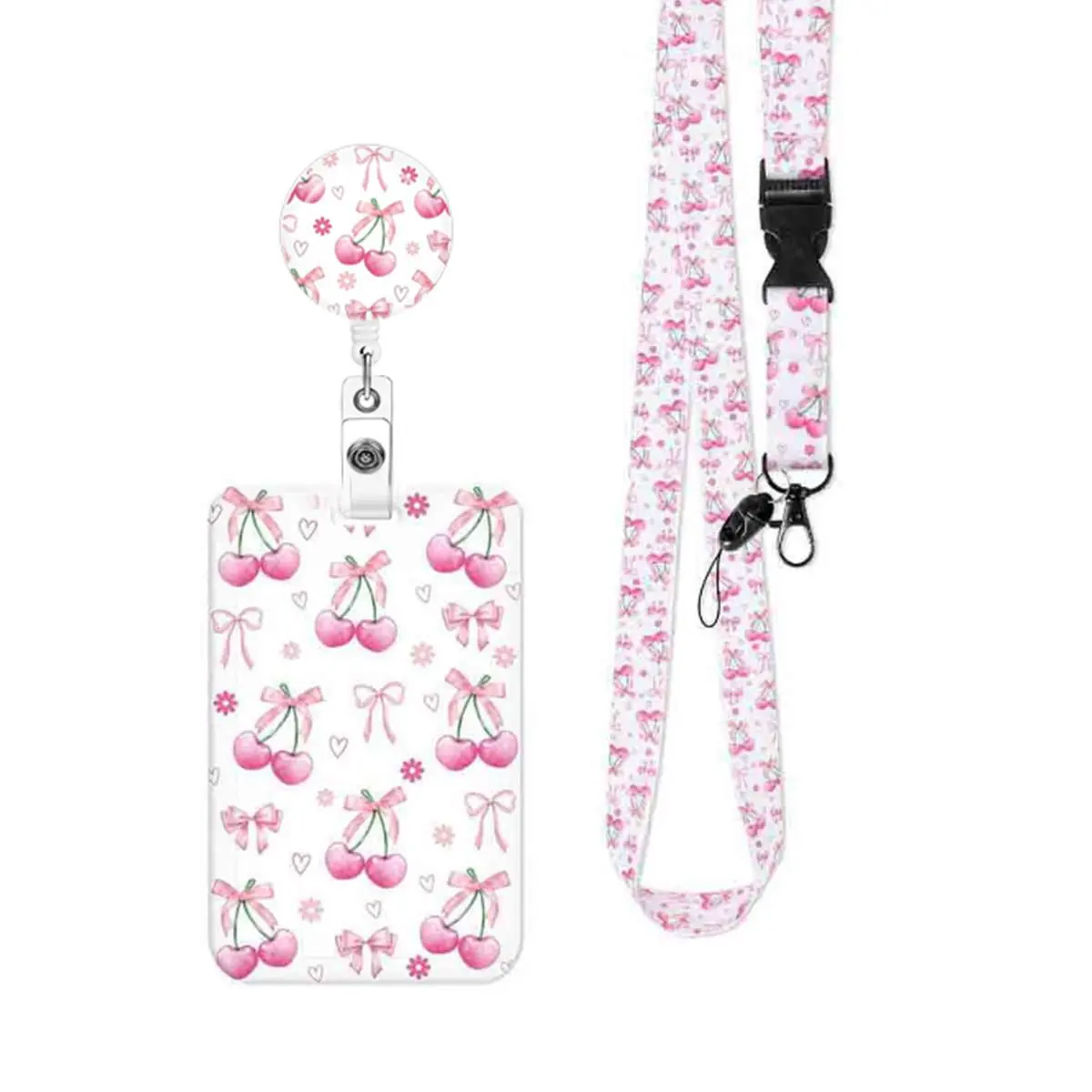 Cherry & Bow Pattern ID Badge Holder With Lanyard Set, Including Custom Lanyard & Detachable Buckle & Card Holder, Fashionable Identification Badges Set for Women, ID Badge Holders Retractable, Badge Reels Retractable