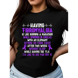 Plus Size - Women'S Fibromyalgia Warrior Awareness Month T-Shirt - Purple Ribbon & Heart Design with Inspirational Slogan, Plus Size Short Sleeve Round Neck Casual Top for Chronic Illness Support, All-Season Comfort & Fibromyalgia Awareness Apparel