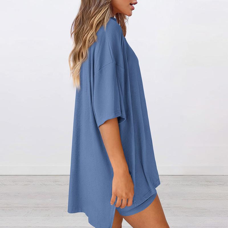 PRETTYGARDEN Women's Summer Two-Piece Set Casual Oversized Crewneck Split Hem Shirts & Side Pocket Biker Shorts Minimalist Lounge Wear Soft Viscose Fabric Comfy Homewear Cozy Pjs