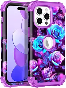 for iPhone 15 Pro Max Case,Compatible with MagSafe,Heavy Duty Shockproof Protection Hard Plastic+Silicone Rubber Hybrid Protective Case for Apple iPhone 15 Pro Max,Purple Rose Cover Magnetic