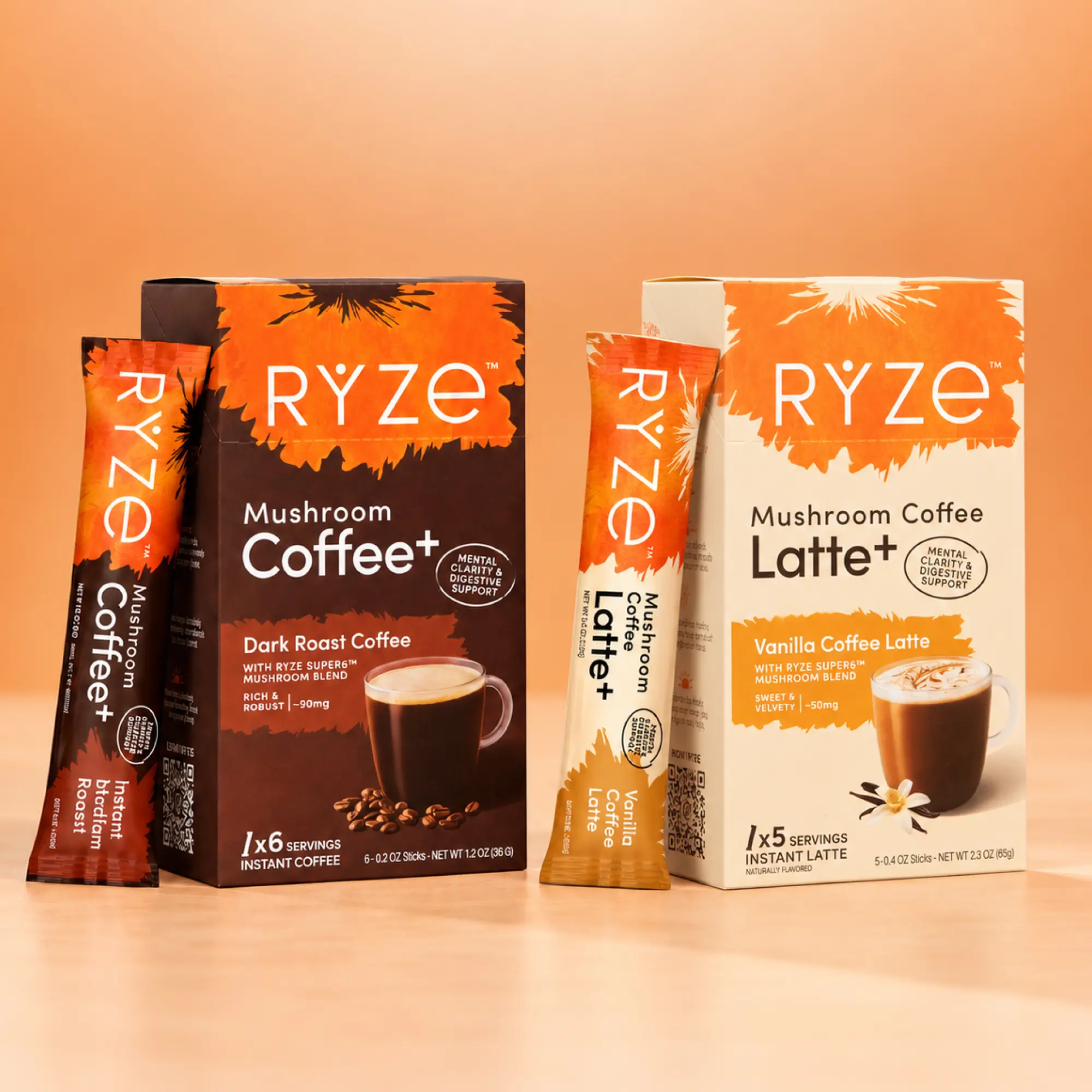 RYZE SUPERFOODS Gourmet Instant Coffee Stick Pack Bundle - Coffee Mix Packets, Dark Roast Latte Blend, Vanilla Milk Coconut Milk Infused Drinks, Calming Lattes, Energy Boost Beverage