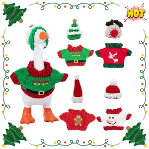 4 Sets 7 inches Desk Goose Outfits Mini Desk Goose Christmas Holiday Clothes Knitted Sweater with Knitting Hats Small Animal Statue Desktop Decor