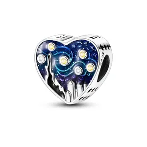 MULA S925 silver plated starry night heart pendant beads, inspired by Van Gogh's art, the galaxy starry sky pendant is compatible with Pandora bracelets, a romantic gift for women, art lovers