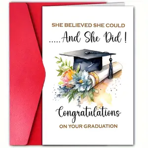 1pc [Inspirational Graduation Card] Watercolor Inspirational Graduation Card for Her | "She Believed She Could & Then She Did" Graduation Greeting Card with Envelope, Flowers Design for Friends, Classmates, Best Friends