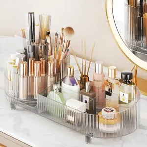 Rotating Makeup Organizer for Vanity with Brush Holder & Cosmetic Storage Transparent Large Spinning Skincare Display Case for Countertop Makeup Perfume Lotions