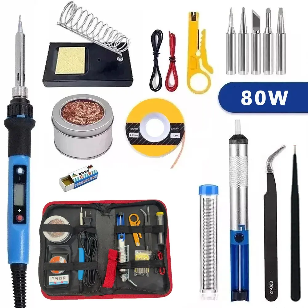 Soldering Iron Kit, 80W 110V LCD Digital Solder Iron Pen with Ceramic Heater, Portable Welding Tools with 5pcs Tips, Stand, Solders Wire, Sponge, Paste, for Metal,Electric Repairs, DIY