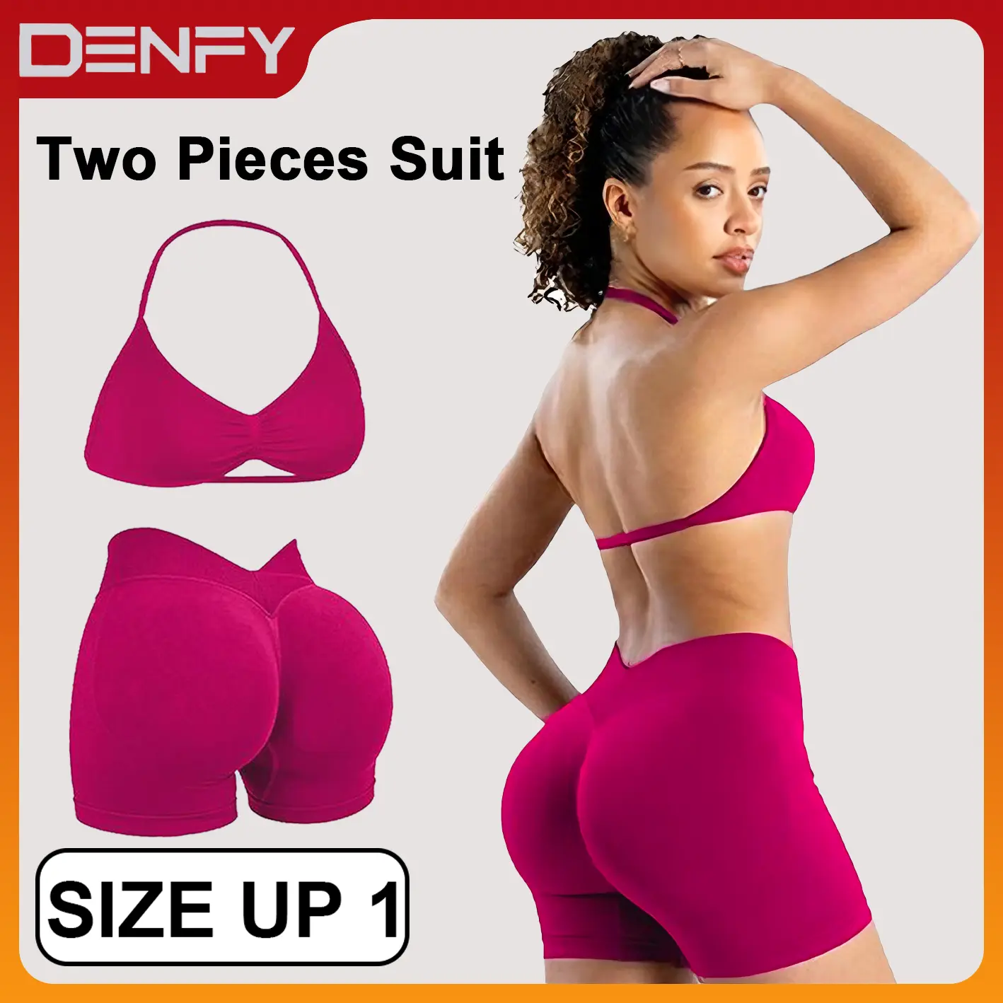 [SIZE UP 1] DENFY  2-Piece Workout Set High-Support Impact Strappy Bra & LJ V-Back Scrunch Booty-Lift Shorts, Gym Yoga Activewear
