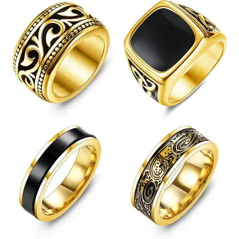 Jstyle 4Pcs Stainless Steel Stackable Finger Rings Set - Vintage Signet, Biker, Celtic, Graphic Spinner Band Designs, Gold Plated, Polished Edge, Fashion Promise Ring, Pinky/Thumb Jewelry, Daily Wear, Birthday/Father's Day Best Gift Choice for Him