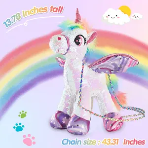 WEWILL 15" Sequins Unicorn Stuffed Animal Toy Reversible Rainbow Sequins Suitable for crossbody wear Built-in pocket Gift for Kids Girls Perfect for school,travel,and birthday gifts Exquisite design Perfect princess gift